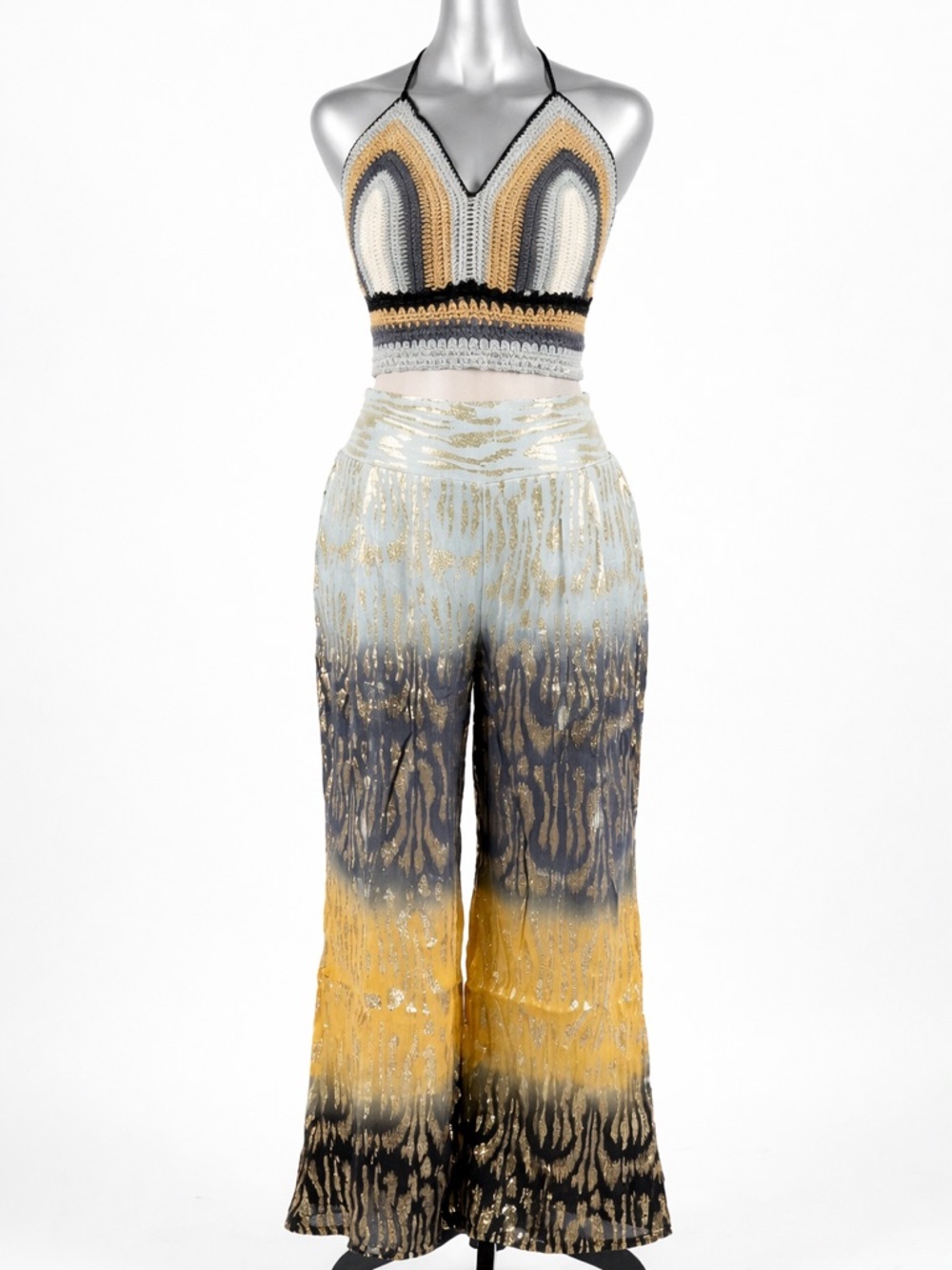 Ombre Wide-Leg Pants & Crochet Halter Set - Yellow, Gray, Cream